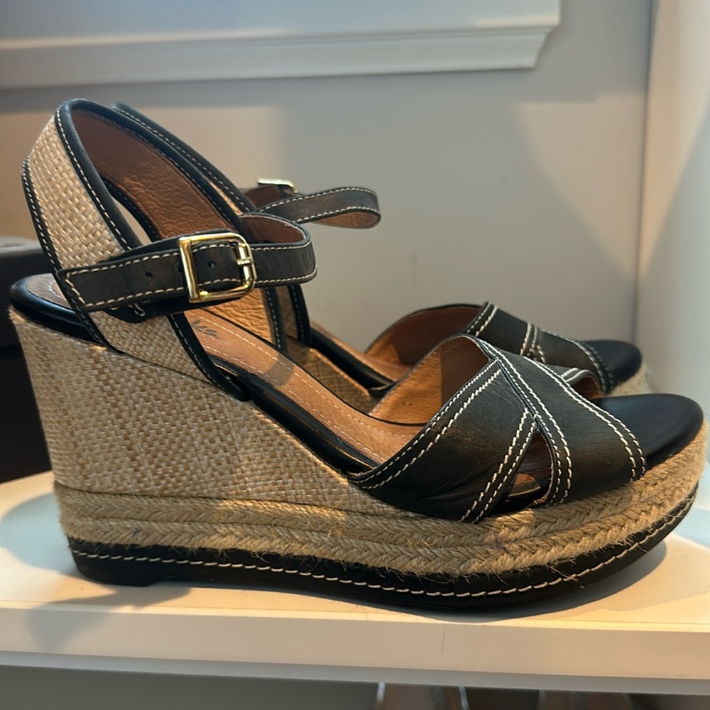Clarks Black and Beige Espadrille Wedges